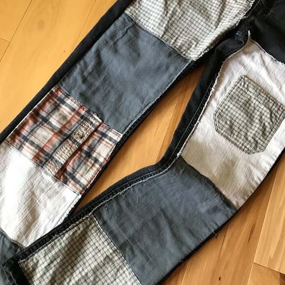 Upcycled Patchwork Jeans, Size 12: Black Grunge Hippie Pants, Tattered Patches - Picture 6 of 12